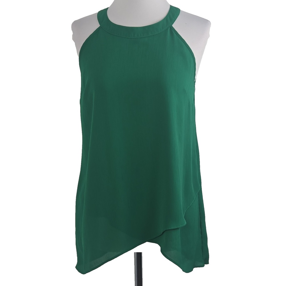 Krazy Kat Junior Medium Green High Neck Sleeveless Crinkle Flowy‎ Blouse Top